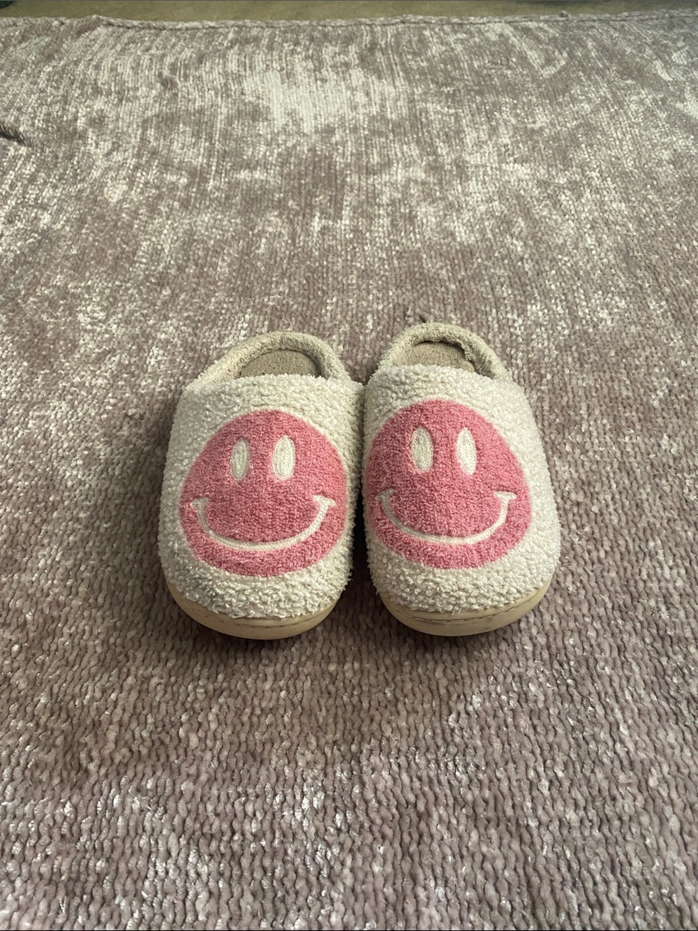 Kids Cream Slip-On Slippers with Pink Smiley Face